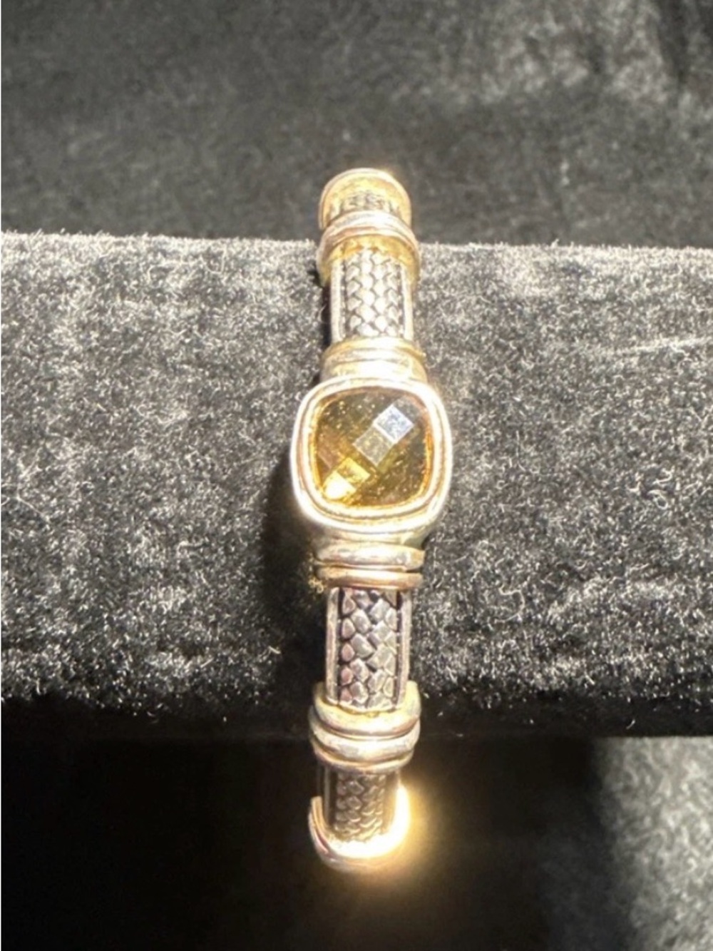 Chunky Silver Tone Woven Bracelet Smoky Glass Stone Hinged Statement